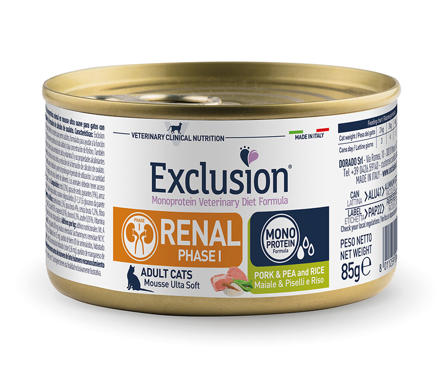 EXCLUSION MONOPROTEINA GATO RENAL 1 CERDO, ARVEJA Y ARROZ 85 GRS