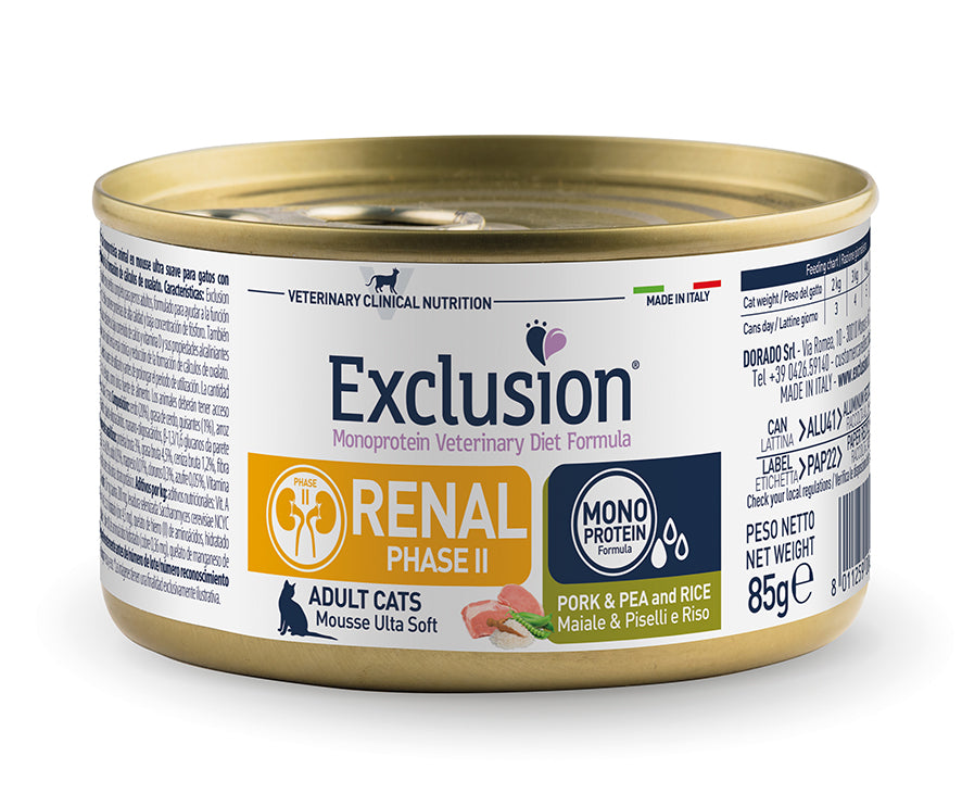 EXCLUSION MONOPROTEINA GATO RENAL 2 CERDO, ARVEJA Y ARROZ 85 GRS
